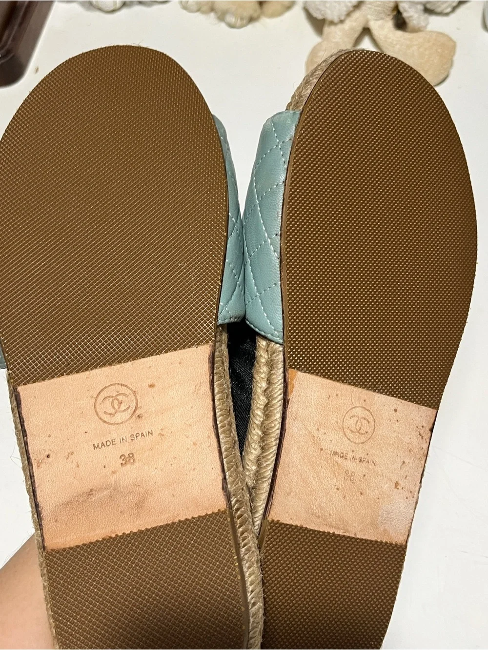 CHANEL Quilted Slide Sandals in Aqua and Rope